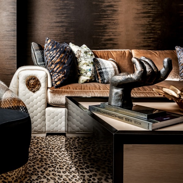 Lion Sofa | Lori Morris Design | Velvet sofa and brass lion head